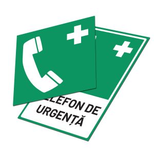 Indicator E004 telefon de urgență, variantele dreptunghiulară cu text și pătrată fără text