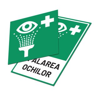 Indicator E011 spălarea ochilor, variantele dreptunghiulară cu text și pătrată fără text