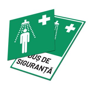 Indicator E012 duș de siguranță, variantele dreptunghiulară cu text și pătrată fără text