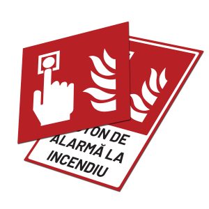 Indicator F005 buton de alarmă la incendiu, variantele dreptunghiulară cu text și pătrată fără text